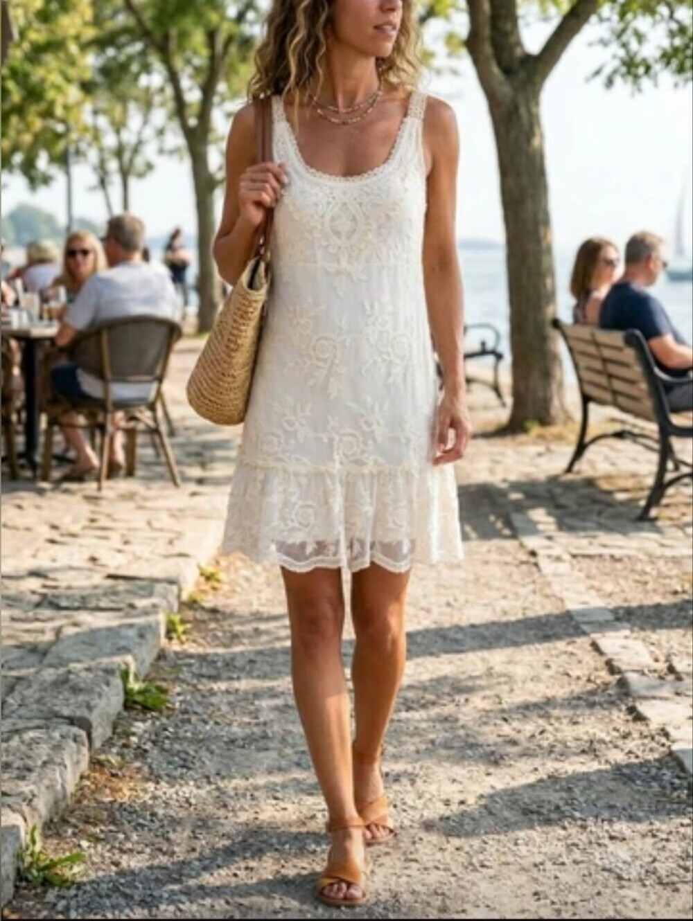 Suzy Shier Cream Lace Overlay Sleeveless Bohemian Dress Size M